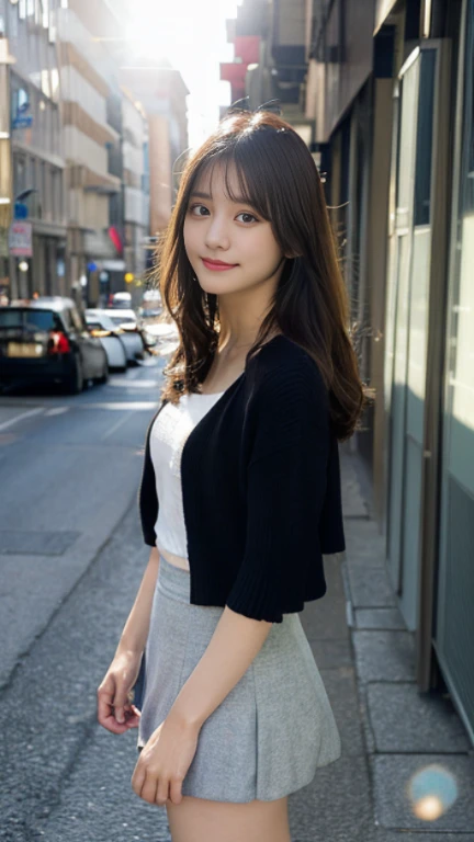  (highest quality,masterpiece:1.3,ultra high resolution,surreal),(Real like a photo,Super detailed,caustics,8K),(very detailed,realistic:1.4,RAW shooting),1 girl,(smile and look down at the camera),(front shot:1.1),(look forward),20-year-old,Super cute,(bright personality),Japanese,glamorous,(E cup),(close),(chest focus),street,sunlight,Natural light,(Backlight),(A bright light shines from behind),(Lens flare),professional writing,(mini skirt),(winter fashion trends),(full body shot),(No makeup)