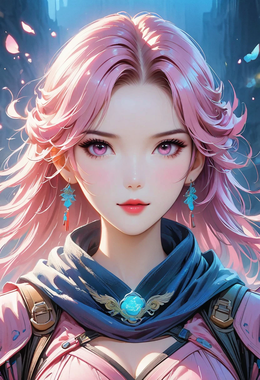 Close-up of a woman with Pink hair wearing glasses, artwork in Guvez style, Guvez, kawaii realistic portrait, Inspired by Cheng Yanjun, glowing Pink face, Pink girl, Beautiful anime portrait, Pink glasses, glowing Pink eyes, Realistic anime 3D style, Yanjuncheng, Realistic anime art style, ((Pink)8K