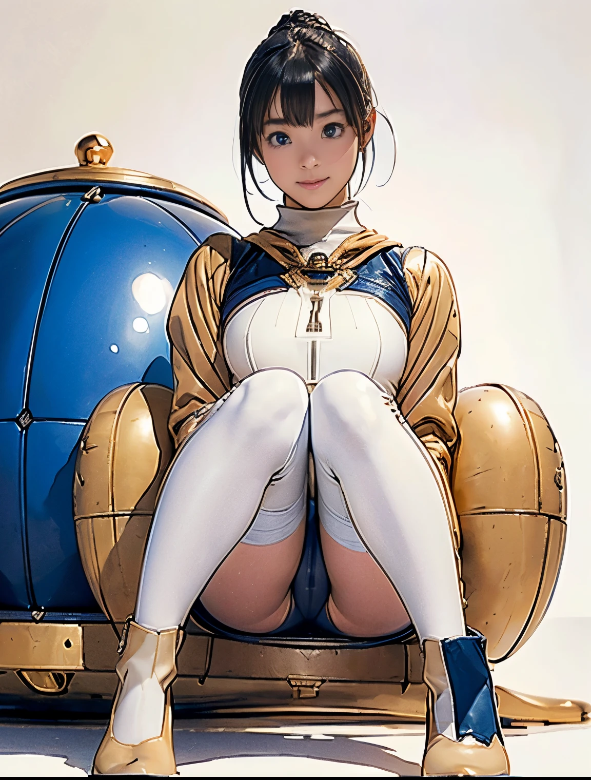 (masterpiece、best quality、Highest resolution、Clear_image、detailed details): (full body picture、15 year old girl、Japanese face、small face、thin、Navy blue super short bob、blue eyes、Blue and Black Shiny Aviator Suit、Armor that protects the chest、tight clothes、Clothes that cover the whole body、leggings、Very delicate and beautiful、hide thighs、hide your ass、Cute type、gentle smile、soft expression、earphone、knee high boots、Gloves come to elbow length、Shooting at eye level、face directly、woman on spaceship), (((camel toe))), ((Plain white tights))