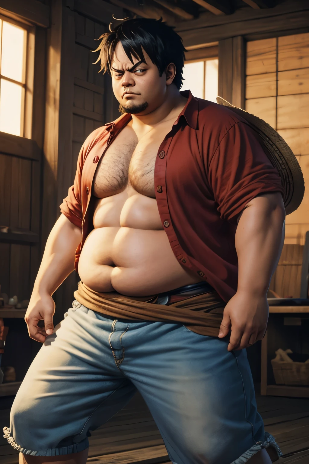 Detailed portrait of illustration,fat,luffy,colored, angry, full body,detailing,4k resolution,