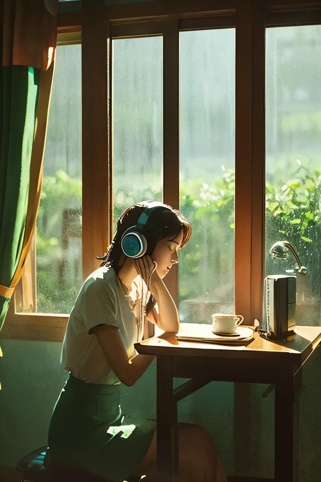 rain shower while the sun shines
View from a window with a vista, girl with headphones, at a desk, illust style, Ghibli style