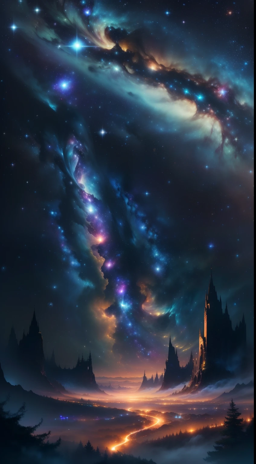 ((masterpiece)),((highest quality)), 8K, highly detailed, Super detailed, Displays a gorgeous scene of the starry sky((vast and spectacular), (the stars shine), (wonders of the universe))(Countless twinkling stars are captured,fill the entire sky,compose a beautiful starry sky scene in space)(Starlight spreads across the screen,Sparkles in different colors and brightness,Creates a mysterious and magnificent atmosphere)(この写真はpeople々immerse you in the wonders of the universe,Feel the endless universe and mysterious power,people々Awakens the spirit of exploration and inquiry into the universe.)