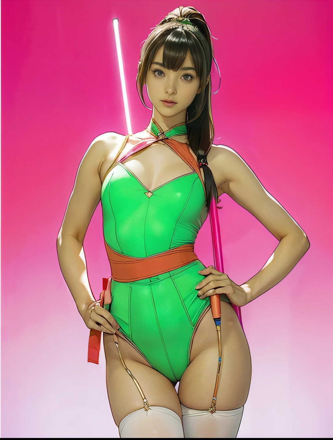 whole body、((beautiful girl、Cute type))、((Beautiful  girl))、 ((leotardsbeautiful girl：1.5))、((A beautiful girl wearing a three-coloRed leotard: Red, green, and white.))、((shouted in surprise))、((please open your eyes：1.5))、((from below：1.5))、Ultra-fine painting、((両脚を左右に開いてstand：1.8))、((Beautiful 14 year oldeautiful girl wearing a tiara))、((((baton twirl))))、((huge ))、open mouth、(Live shooting)、(masterpiece:1.4)、(best quality:1.4)、((stand))、((long hair ponytail))、((Have bangs：1.4))、((thin thighs：1.5))、Beautiful girl with a fuchsia Reddish choker around her neck、Delicate skin、Thigh clearance、((City))、[:(Face:1.2):0.2]、clavicle、((Hasselblad photos))、(((camel toe)))