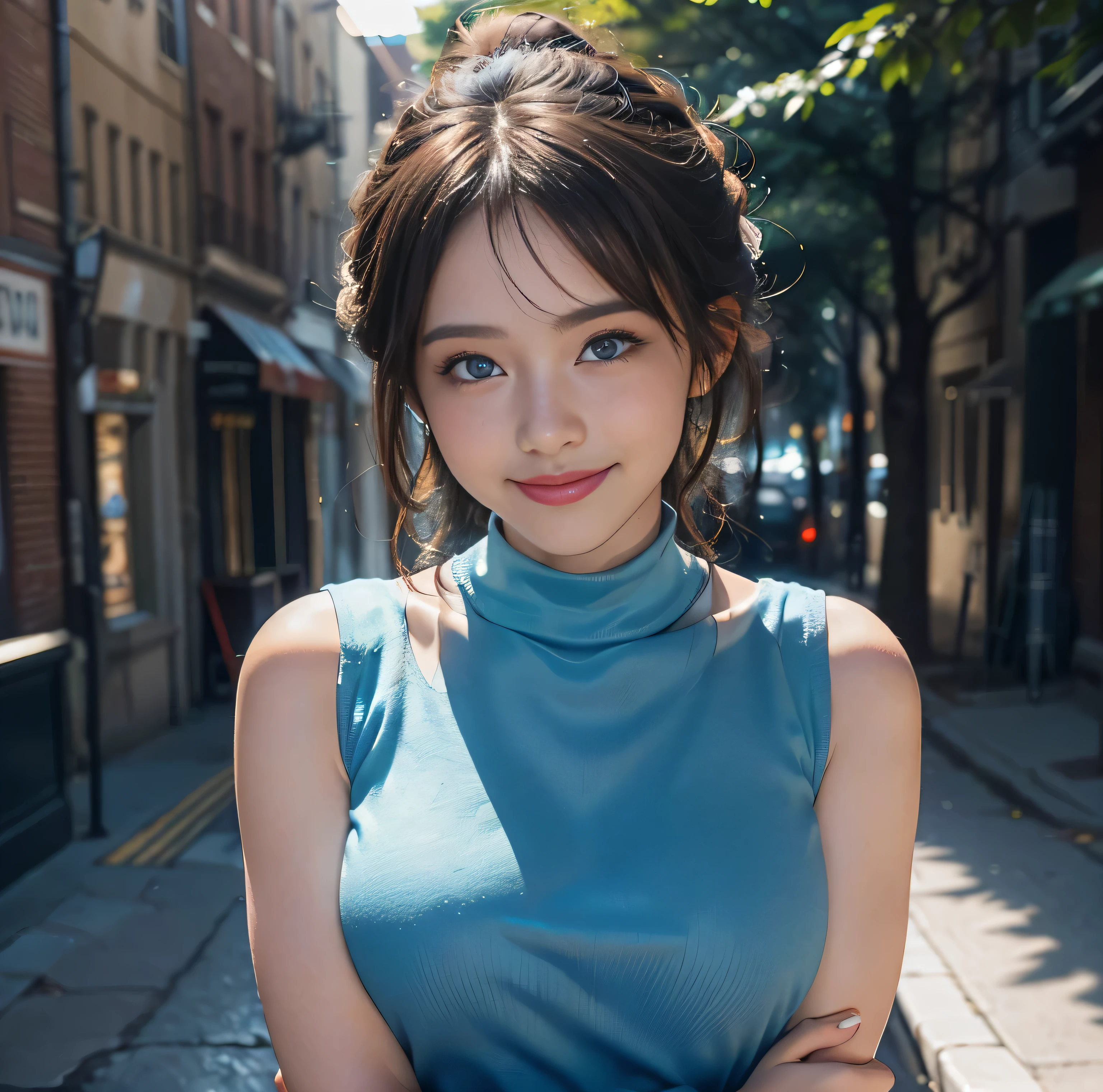 {highest quality}, {8K quality}, masterpiece, (Professional lighting without shadows), (1people々'woman:18-year-old:smile), (perfect body and firm chest:1.3), {radiant white skin}, {(Bright and beautiful blue eyes with plump tear bags reflect a lot of light....:1.2)}、 {{(She is wearing a bright colored sleeveless turtleneck micro mini dress.)}}, (No skin is exposed on the upper body except for the arms....:1.4), (Turn to me and show me your firm breasts through your clothes....:1.2), (from the knees up:1.3), (standing like a model),