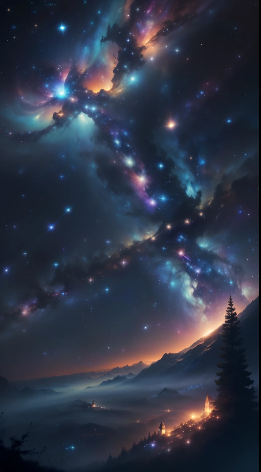 ((masterpiece)),((highest quality)), 8K, highly detailed, Super detailed, Displays a gorgeous scene of the starry sky((vast and spectacular), (the stars shine), (wonders of the universe))(Countless twinkling stars are captured，fill the entire sky，compose a beautiful starry sky scene in space)(Starlight spreads across the screen，Sparkles in different colors and brightness，Creates a mysterious and magnificent atmosphere)(この写真はpeople々immerse you in the wonders of the universe，Feel the endless universe and mysterious power，people々Awakens the spirit of exploration and inquiry into the universe.)