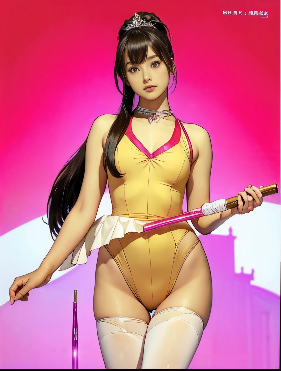 whole body、((beautiful girl、Cute type))、((Beautiful 14 year old girl))、 ((leotardsbeautiful girl：1.5))、((A beautiful girl wearing a three-coloRed leotard: Red, green, and white.))、((shouted in surprise))、((please open your eyes：1.5))、((from below：1.5))、Ultra-fine painting、((両脚を左右に開いてstand：1.8))、((Beautiful 14 year old girl))、((beautiful girl wearing a tiara))、((((baton twirl))))、((huge ))、open mouth、(Live shooting)、(masterpiece:1.4)、(best quality:1.4)、((stand))、((long hair ponytail))、((Have bangs：1.4))、((thin thighs：1.5))、Beautiful girl with a fuchsia Reddish choker around her neck、Delicate skin、Thigh clearance、((City))、[:(Face:1.2):0.2]、clavicle、((Hasselblad photos))、(((camel toe)))