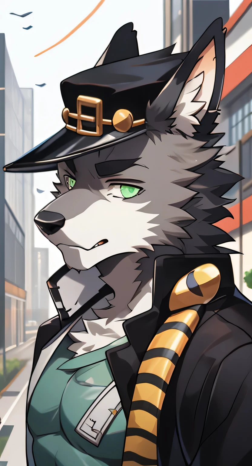 Gray wolf，grey ears，gray fur，City，green pupils，Handsome，youth，have a better figure，Long black coat，Wears a black cap，Cai Xukun&#39;s，4k HD，