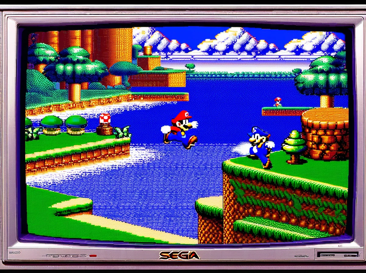 Sega 16 bit, a song by Sonic vs Mario, Konami Studio, 90s, screenshot of the old TV screen((Best quality, masterpiece)),
(Higher detail), Impressionism:1.1, 8k