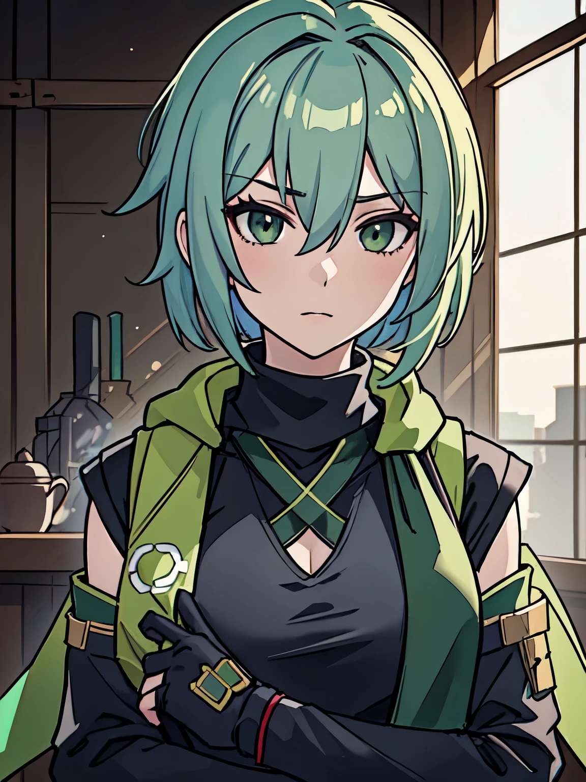 masterpiece, best quality, 1girl, short green pastel hair, black shirt, turtleneck, long scarf, green scarf, armor, shinobi, ponytail, glasses, smile
