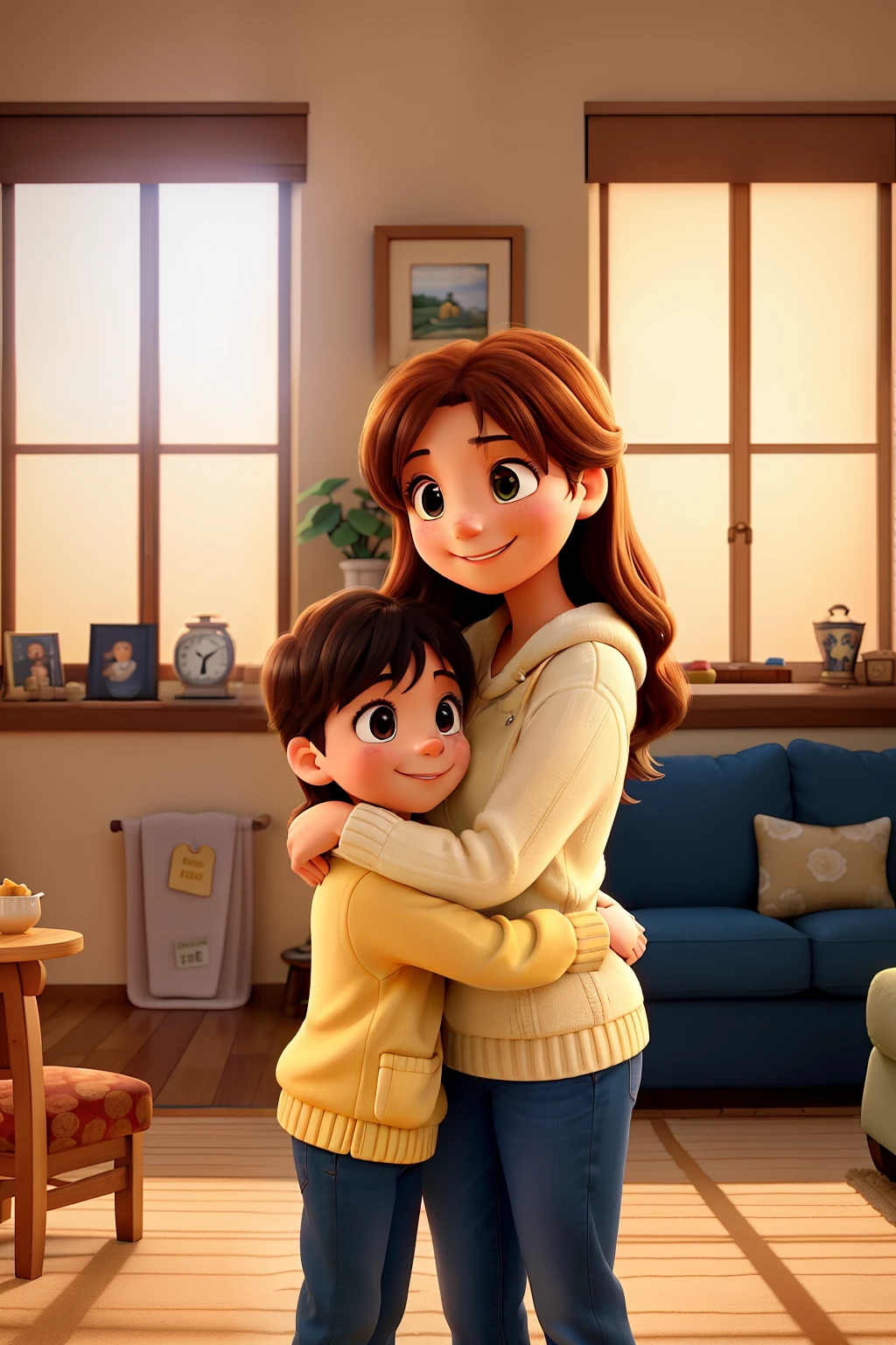 Create a heartwarming scene of a mother with a nurturing smile, her arms wrapped around a young daughter, as they share a tender moment. Nearby, a father with pride in his eyes watches over his three sons, who playfully jostle each other. The warmth of their laughter fills the air, illuminating the cozy living room filled with memories and love. The sunlight filters in through the windows, casting a golden glow on the family as they embrace each other, cherishing the bond that unites them.