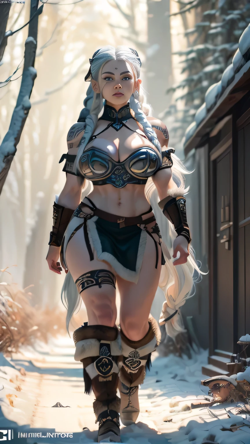 (masterpiece:1.4), best quality, hyper quality, refined rendering, highly detailed, super fine illustration, highres, ultra-detailed, detailed face, stunning art, best aesthetic, amazing, high resolution, UHD, 1girl, (((full body, full body shot, strong look, haughty expression, walking to viewer))) ,Female viking warrior, (mature woman:1.2), (((perfect face, norse face, frown, encouraged look))) (muscular:1.2), fit, (wearing brown furs:1.3, leather viking styled mini skirt, intrincate skirt design, weather straps, highly detailed clothes) (blue norse tattoos:1.2), blue eyes, ((Long hair, platinum blonde hair, long braids:1.4)), ((Sideshave:1.4)), warrior hair, Setting is a Scandinavian forest in winter, snow, bare arms, exposed navel, (abs:1.2). Highly detailed, norse, berserker, arm muscles, leg muscles, (bulky:1.2), leather straps, (large breasts:1.3), waist up, wide waist, bubble butt, stocky, (tall:1.4), forest background, depth of field, 8k, sharp focus, cinematic lighting,