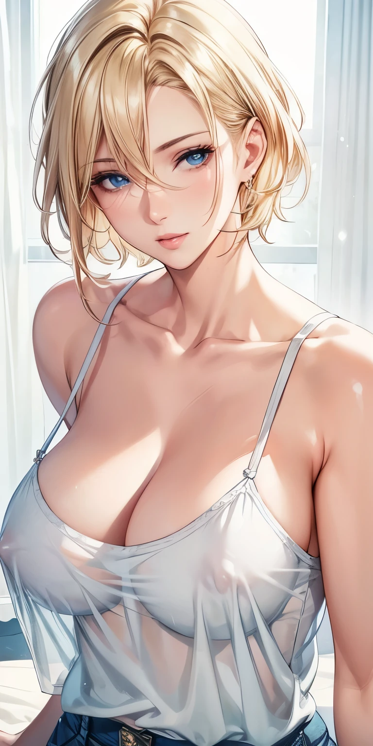 portrait, realistic, elegant mature woman, blue eyes, blonde hair, transparent camisole, see through nipple, 4k resolution, high quality cg, beautiful cg, soft light