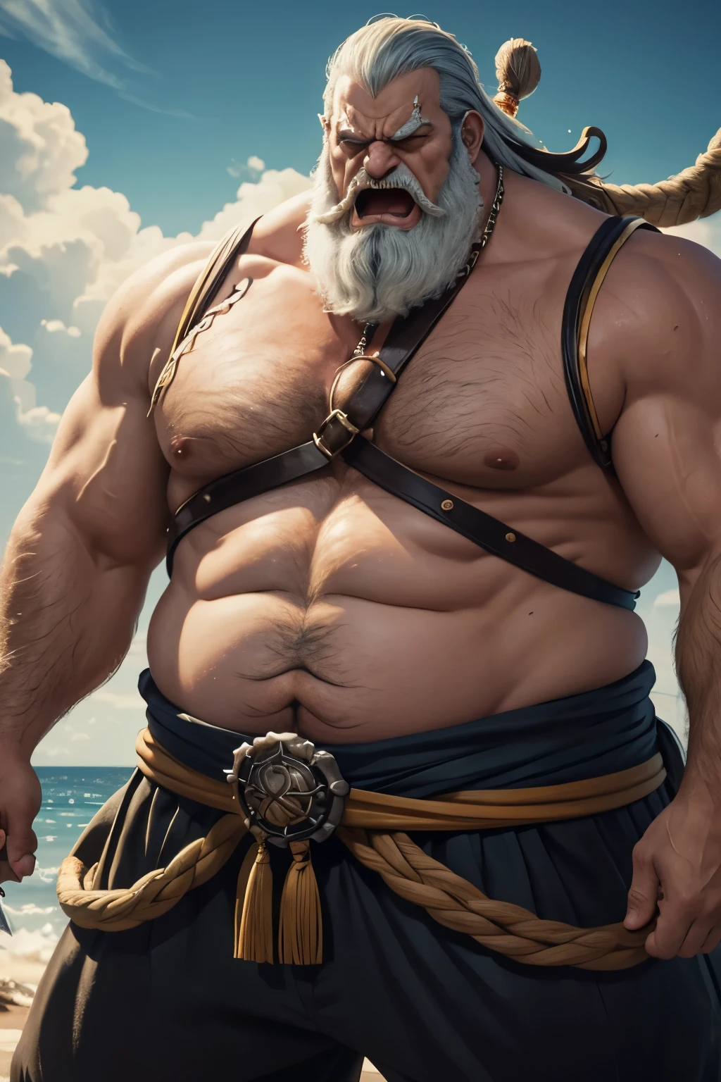 Detailed portrait of illustration,fat,whitebeard,colored, angry, full body,detailing,4k resolution,