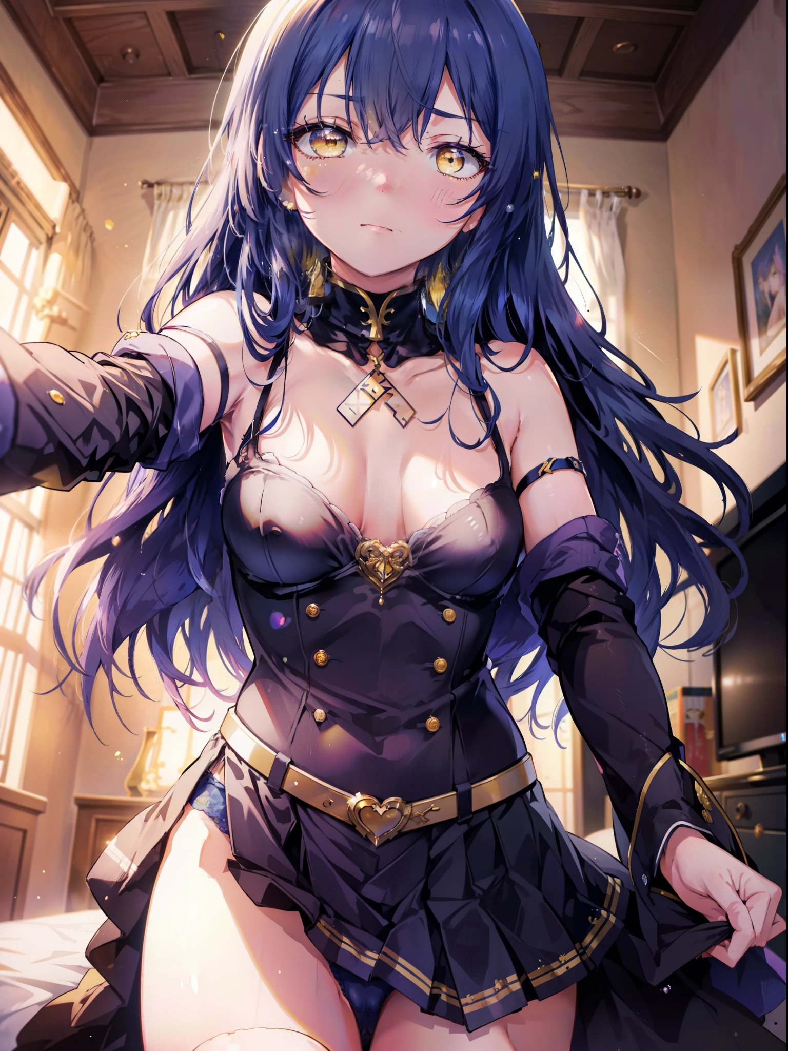 Kamisonoda, umi sonoda, long hair, blue hair, (yellow eyes:1.5) (flat chest:1.2),looking at the viewer, heart shaped eyes, small breasts, blush,show viewer, from below, concentrate, Beyond the particles of light, love hotel bedroom, blue bra,blue garter belt,blue string underwear,Blue tights,share,
Breaks down at the sight of the viewer.,
destroy the interior, destroy the interior (masterpiece:1.2), highest quality, High resolution, unity 8k wallpaper, (shape:0.8), (beautiful and detailed eyes:1.6), highly detailed face, perfect lighting, Very detailed CG, (perfect hands, perfect anatomy),
