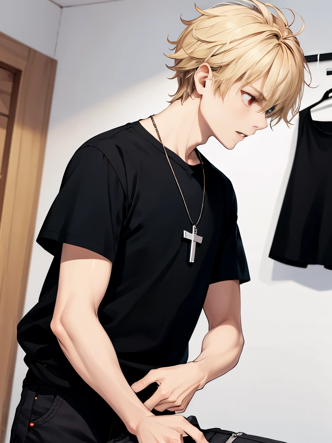 1 boy,solo,20 years old,guy,Facing right, camera angle from the side, looking away,,close up photo,very angry expression,cross necklace,handsome,messy hair,Perfect face, short hair, blonde hair,black t-shirt, Plain t-shirt,black t-shirt,short sleeve t-shirt,black trousers, Long pants,red eyes,bright red eyes, vampire