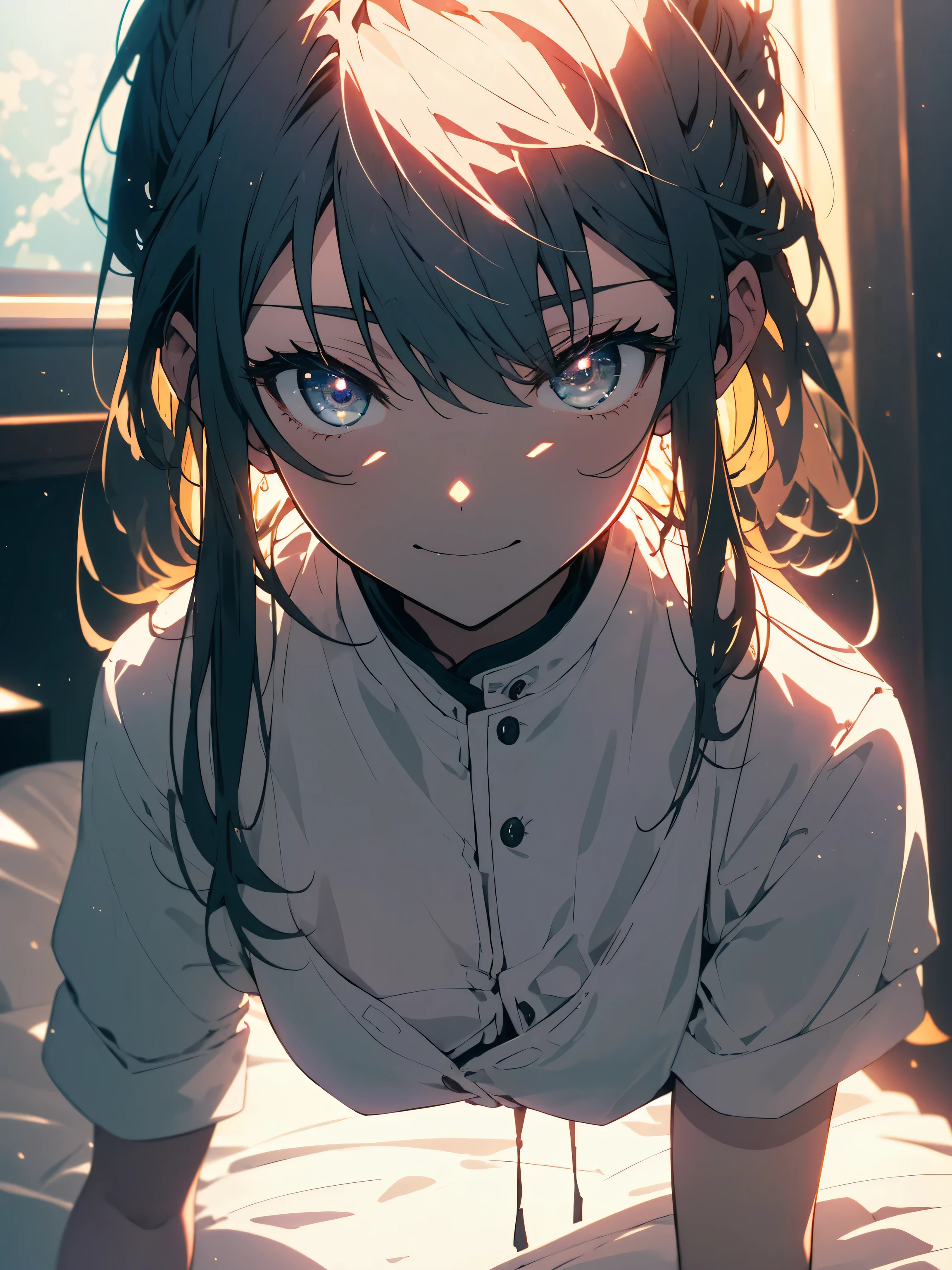masterpiece, highest quality,(Shining eyes、detailed beautiful face), 1 girl,smile、(not wearing clothes)、 ((Adult-like underwear))、((Detailed design bra and panties)),(Finely drawn beautiful eyes and detailed face),cinematic lighting,bust shot,very detailed、8K wallpaper,gray hair,alone,smile,(Cute bedroom), morning、 (bright theme:1.3), light, everyday scene、(highest quality、masterpiece、High resolution、detailed)、beautiful anime