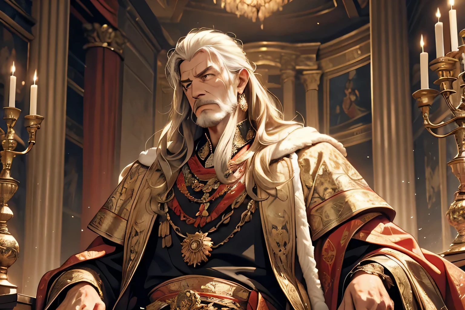 A classical Baroque portrait of an elderly monarch, deep in melancholy, his regal attire adorned with intricate brocade and jewels, set in a grand palace chamber with dramatic lighting casting shadows on the elaborate tapestries behind him. The king's weathered face conveys a lifetime of sorrow as he rests his hand on his furrowed brow. --s 150 --ar 1:1 --c 5