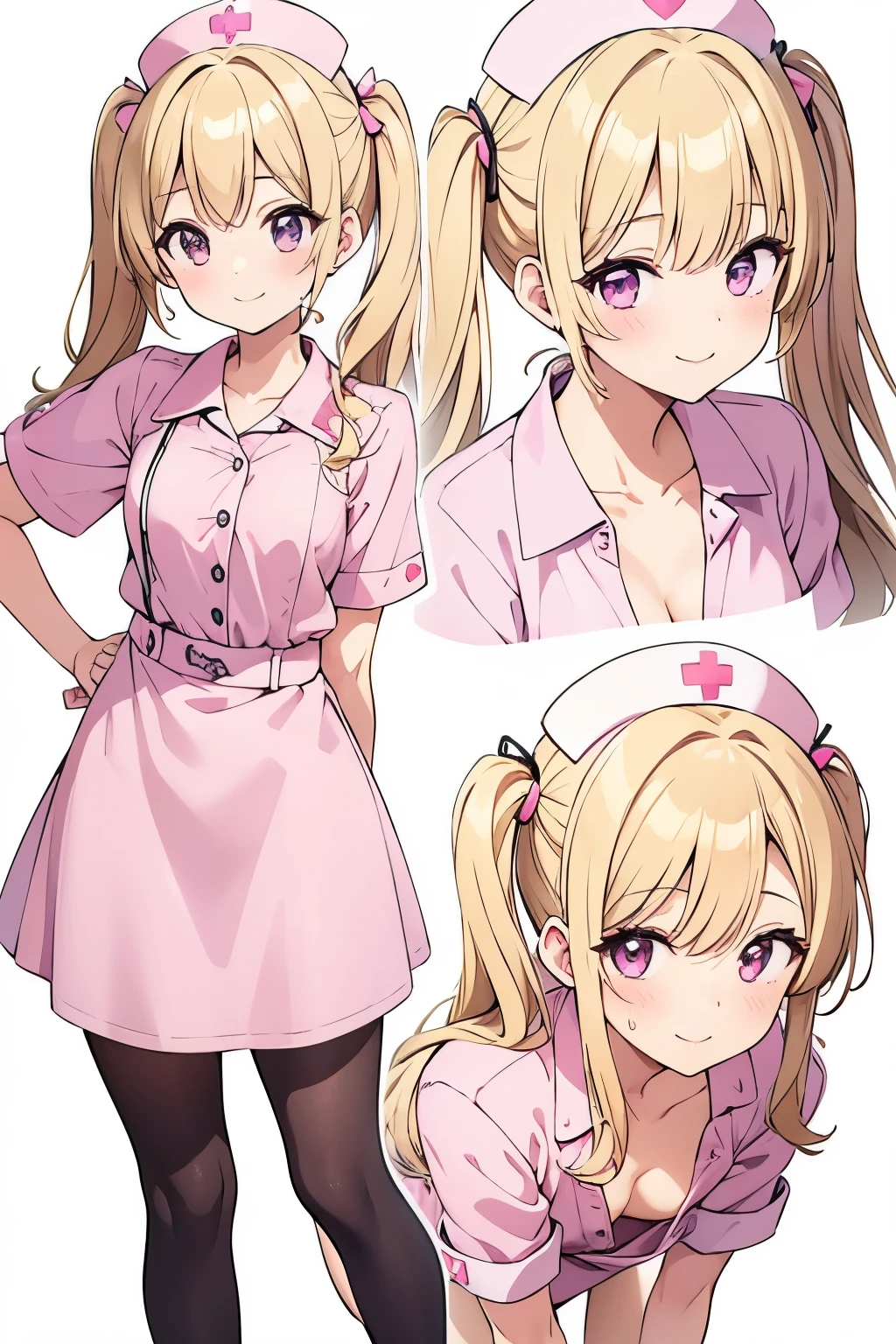 masterpiece, best quality, 1 girl, detailed beautiful face, ((pink nurse)), bent over, down blouse, sort hair, waved hair, twintail, blonde hair, nurse uniform with a few buttons unbuttoned, smiling, (small breast), (flat chest), sweat, smiling, multiple views