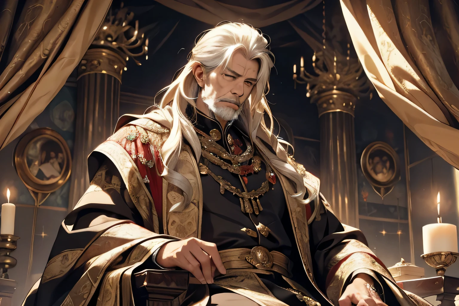 A classical Baroque portrait of an elderly monarch, deep in melancholy, his regal attire adorned with intricate brocade and jewels, set in a grand palace chamber with dramatic lighting casting shadows on the elaborate tapestries behind him. The king's weathered face conveys a lifetime of sorrow as he rests his hand on his furrowed brow. --s 150 --ar 1:1 --c 5