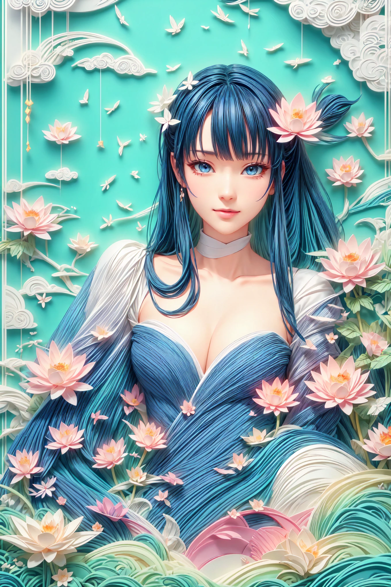 (Digital art, paper reliefs)，Mountain, trees, river，flowers，lotus，1 girl, black hair, Smile,Exquisite Cheongsam,Beautiful hair accessories,(Oriental elements, Chinese color, Advanced color matching),  (3D sculpture，Render by Octane，Volumetric light，natural soft light，), (Super exquisite:1.2, Loss of focus:1.2, Very colorful, movie lighting, chiaroscuro,Ray tracing), masterpiece, super rich,super detailed,8K