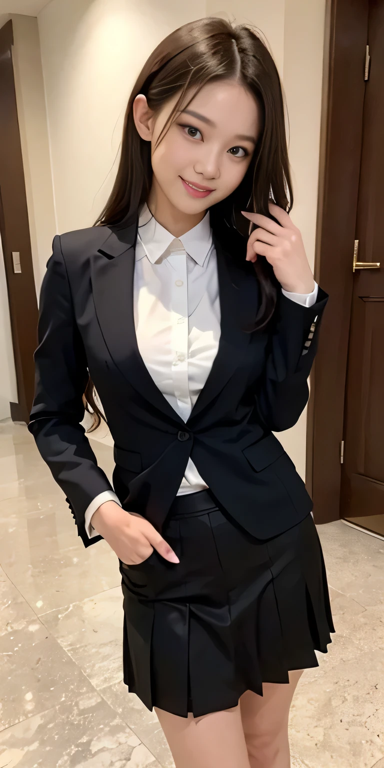 ((masterpiece:1.4))、((muste piece:1.4))、A woman with light brown hair is standing in a hotel lobby wearing a short black pleated skirt、very sexy costume, 厳格なWearing a suitいる、Stylish and glamorous cosplay, sexy costume, ファッションWearing a suitいる, Wearing a suit, dressed properly、黒色のタイトなWearing a suitいる, sexy look, suit、黒いWearing a suitいる、黒いWearing a suitいる、((smile:1.4))、
