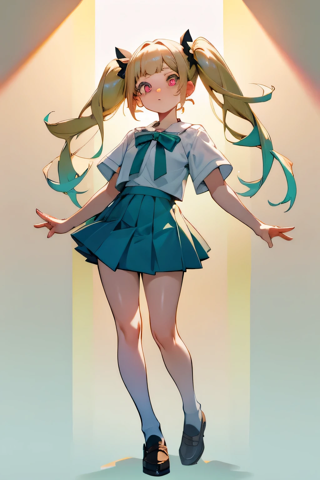 woman, kawaii, full body shot, from front, high quality, ultra detailed, standing, looking at viewer, twintail, blonde, aqua eyes, big eyes, fair skin, , short, scrawny, mini skirt, , flushed face, highly saturated colors, vibrant colors, rich colors, sunlight, shining lights, no background