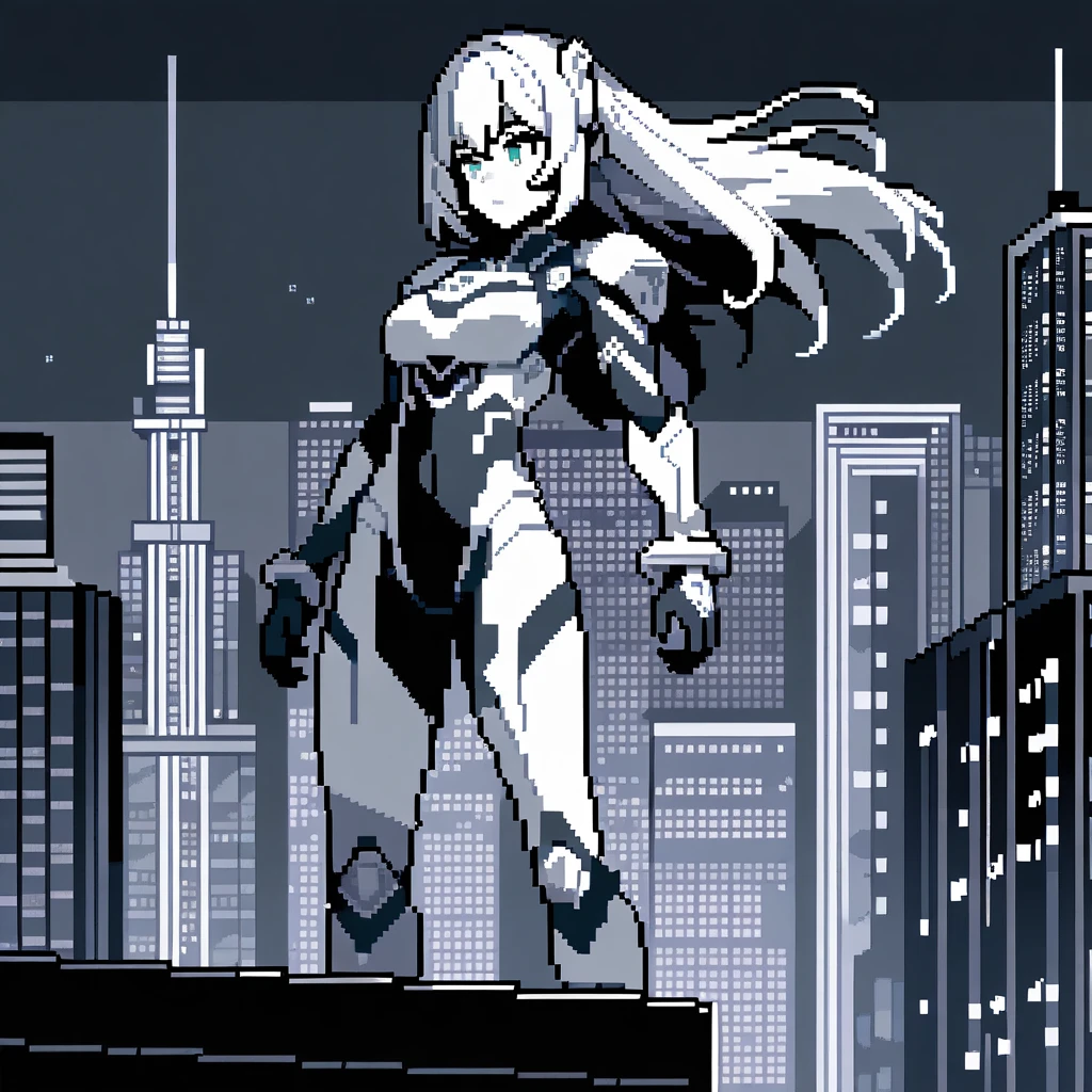 1girl,solo,original bodysuit, armor,standing on roof, skyscraper,night city,science fiction ,monochrome,green and black,pixel art style,intricate details,perfect anatomy,aesthetic, best quality