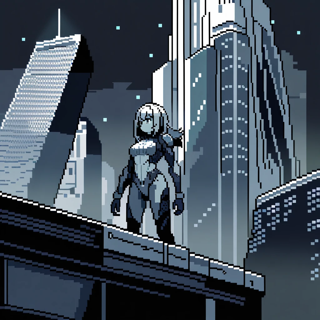 1girl,solo,original bodysuit, armor,standing on roof, skyscraper,night city,science fiction ,monochrome,green and black,pixel art style,intricate details,perfect anatomy,aesthetic, best quality