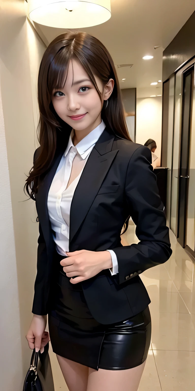 ((masterpiece:1.4))、((muste piece:1.4))、A woman with light brown hair is standing in a hotel lobby wearing a short black pleated skirt、very sexy costume, 厳格なWearing a suitいる、Stylish and glamorous cosplay, sexy costume, ファッションWearing a suitいる, Wearing a suit, dressed properly、黒色のタイトなWearing a suitいる, sexy look, suit、黒いWearing a suitいる、黒いWearing a suitいる、((smile:1.4))、