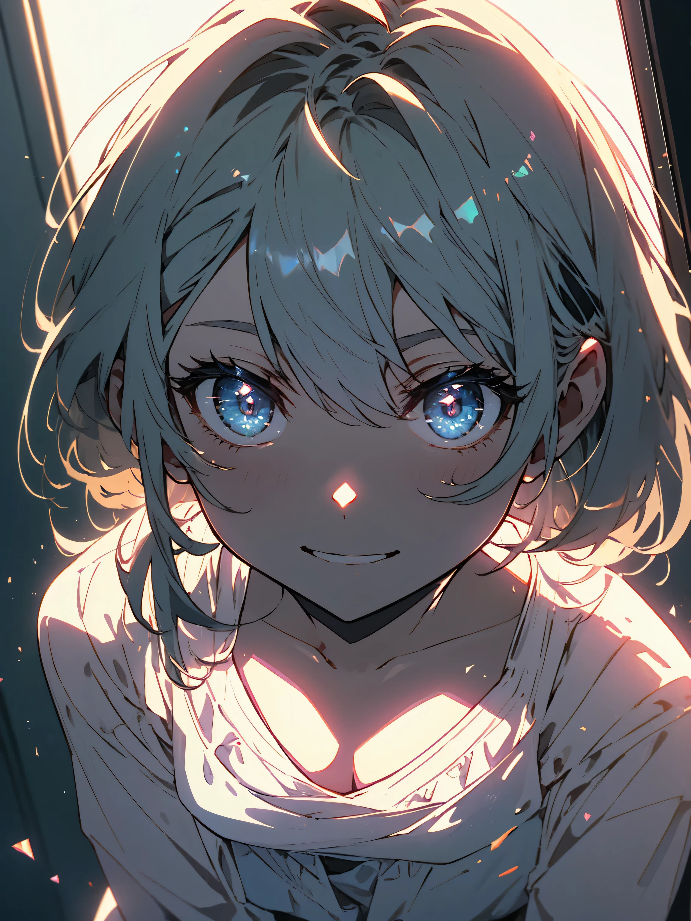 masterpiece, highest quality,(Shining eyes、detailed beautiful face), 1 girl,smile、(I only wear underwear)、 ((Adult-like underwear))、((Detailed design bra and panties)),(Finely drawn beautiful eyes and detailed face),cinematic lighting,bust shot,very detailed、8K wallpaper,gray hair,alone,smile,(Cute bedroom), morning、 (bright theme:1.3), light, everyday scene、(highest quality、masterpiece、High resolution、detailed)、beautiful anime