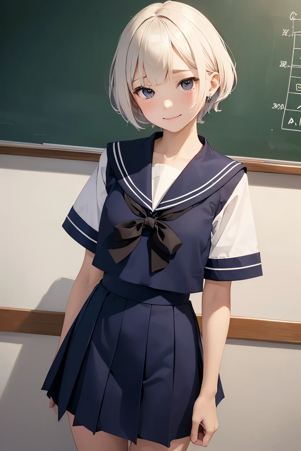 (highest quality, masterpiece, High resolution、High school girl in sailor suit、navy blue skirt、small chest:1.12、slender、Lateral hair is short、Short back hair、short hair、classroom、smile、thin eyebrows)、(((squinting)))、(((facing away)))、(((very white skin)))、(((small vertical eyes)))