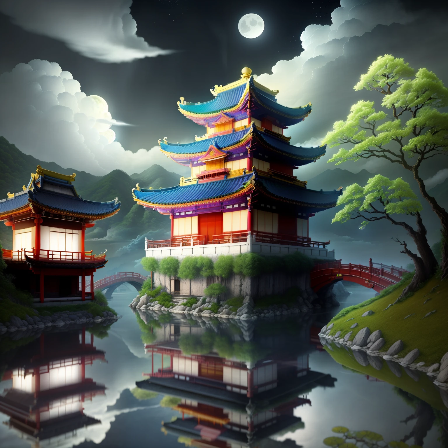 masterpiece, highest quality,Guochiao\(style\), moon, architecture, scenery, east asian architecture, null, cloud, night, reflection, lanthanum, full moon, there are no humans, water, outdoor, paper lanthanum, bridge, night null, building, reflective water, cloudy null, pagoda, 