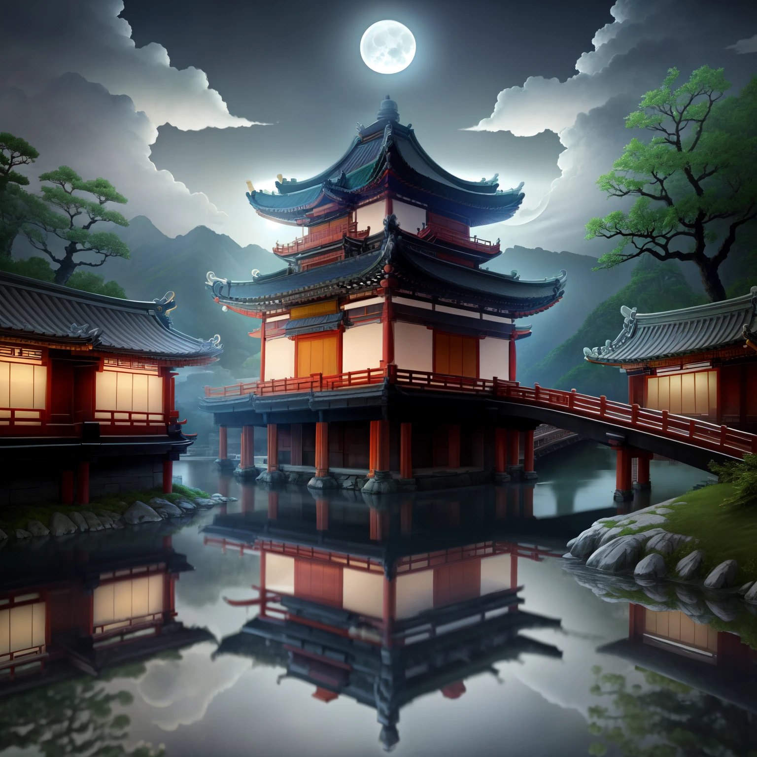 masterpiece, highest quality,Guochiao\(style\), moon, architecture, scenery, east asian architecture, null, cloud, night, reflection, lanthanum, full moon, there are no humans, water, outdoor, paper lanthanum, bridge, night null, building, reflective water, cloudy null, pagoda, 