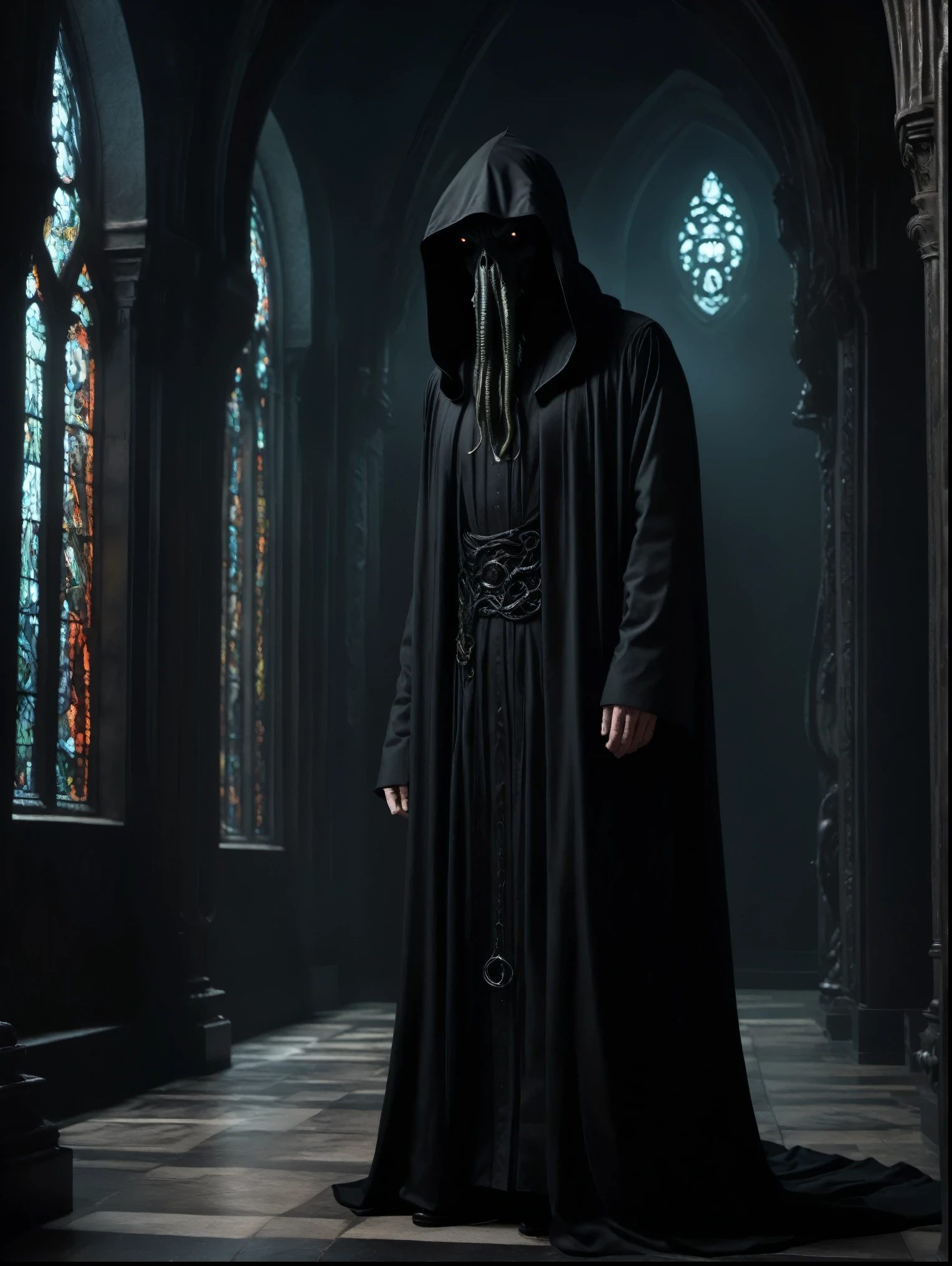 8K resolution, ((highest quality)), ((masterpiece)), ((super detailed)), (very delicate and beautiful), an adult male, black monastic uniform, black robe, have a dark shadow over one's face, Cthulhu, Cthulhu mythology, an atmosphere of insanity, a feeling of dread, a gloomy atmosphere, church, cult, madness, dark, mystical, gloomy atmosphere, gloomy, madness, darkness, divine, innumerable black tentacles, whole body