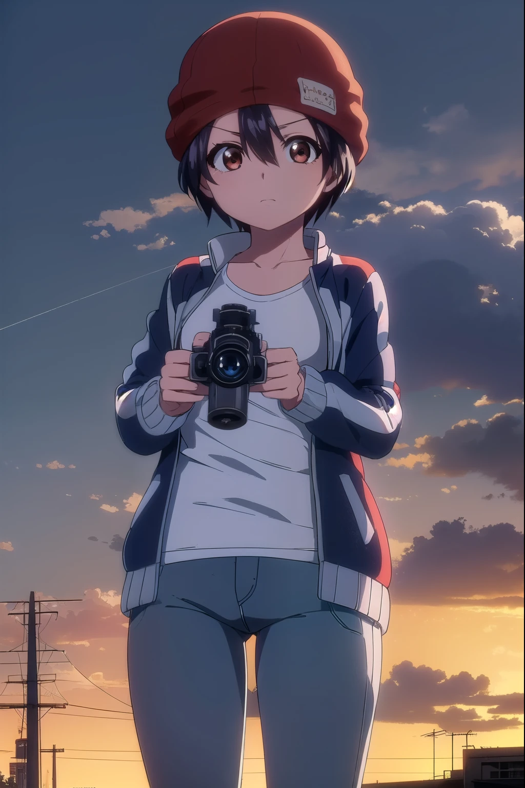 fuukoizumo, fuuko izumo, black hair, hair between eyes, (brown eyes:1.5), short hair,
break shirt, white shirt, Jacket, open Jacket, pants, denim, Beanie hat, (red Beanie hat:1.2),
break outdoors, city, null, cloud, sun,
break looking at viewer, (cowboy shot:1.5),
break (masterpiece:1.2), highest quality, High resolution, unity 8k wallpaper, (figure:0.8), (detailed and beautiful eyes:1.6), highly detailed face, perfect lighting, Very detailed CG, (perfect hands, perfect anatomy),