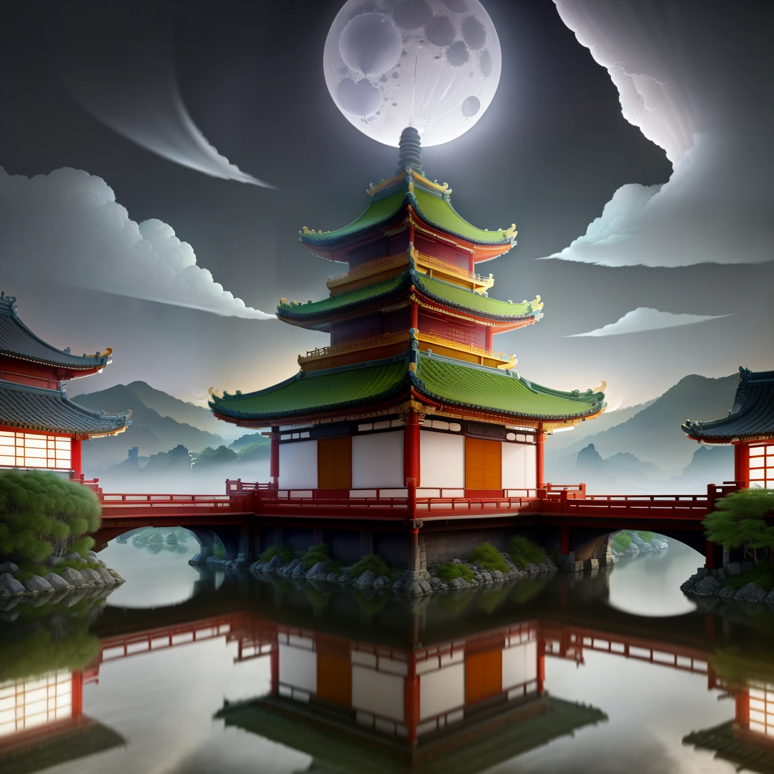 masterpiece, highest quality,Guochiao\(style\), moon, architecture, scenery, east asian architecture, null, cloud, night, reflection, lanthanum, full moon, there are no humans, water, outdoor, paper lanthanum, bridge, night null, building, reflective water, cloudy null, pagoda, 