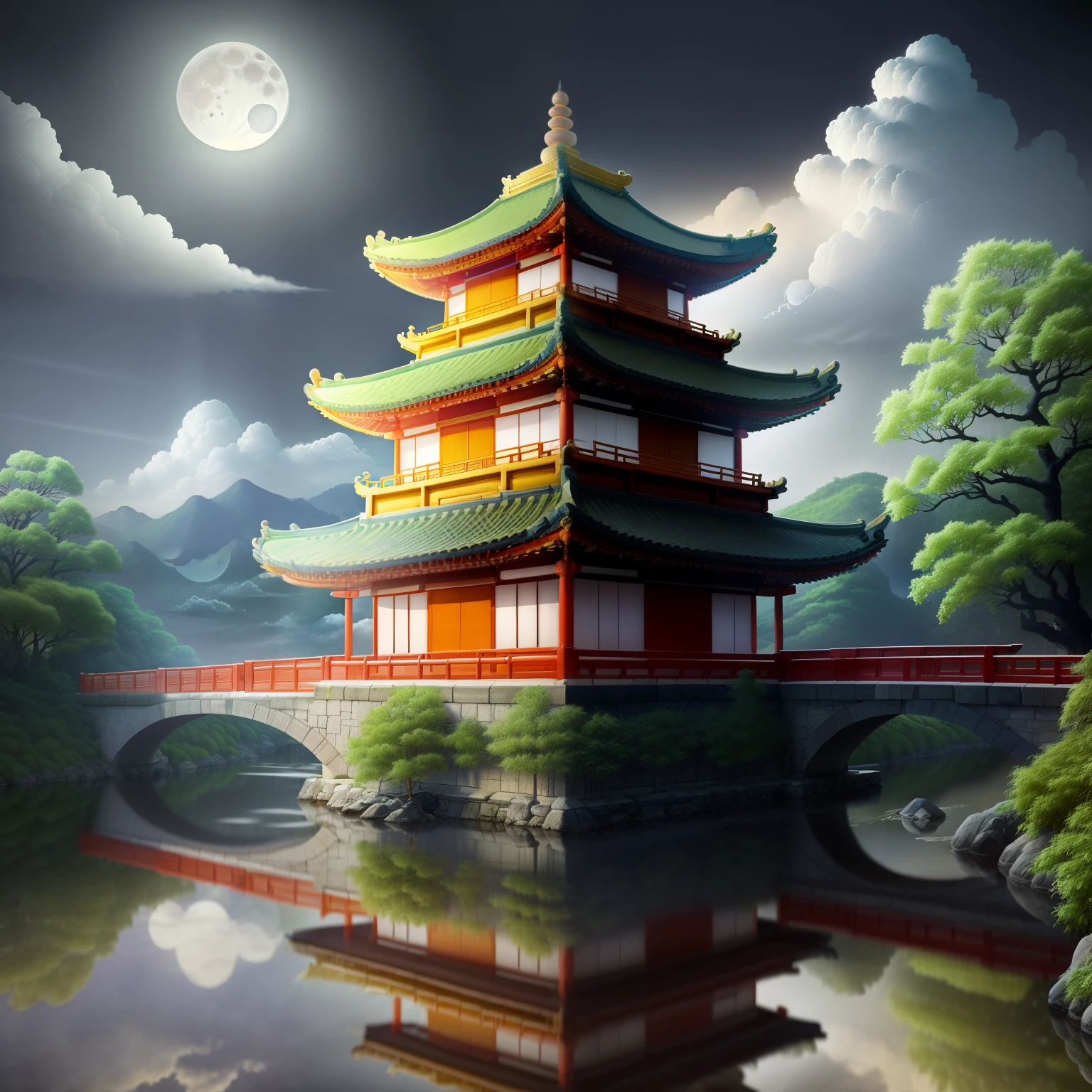 masterpiece, highest quality,Guochiao\(style\), moon, architecture, scenery, east asian architecture, null, cloud, night, reflection, lanthanum, full moon, there are no humans, water, outdoor, paper lanthanum, bridge, night null, building, reflective water, cloudy null, pagoda, 