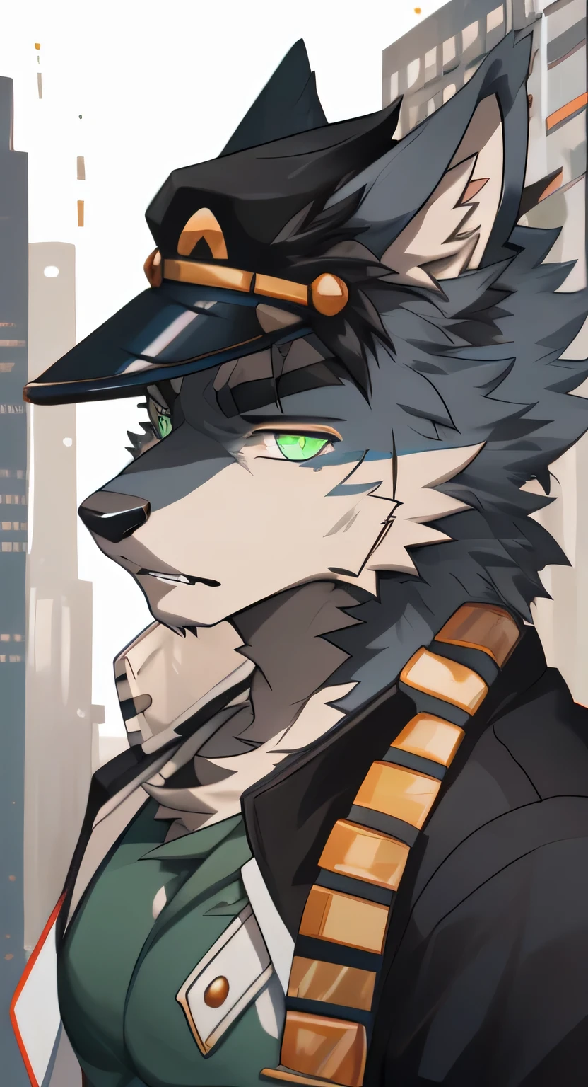gray wolf，gray ears，gray fur，City，green pupils，Handsome，youth，have a better figure，black long coat，wearing black hat，Cai Xukun&#39;s，4k HD，Symmetrical face shape