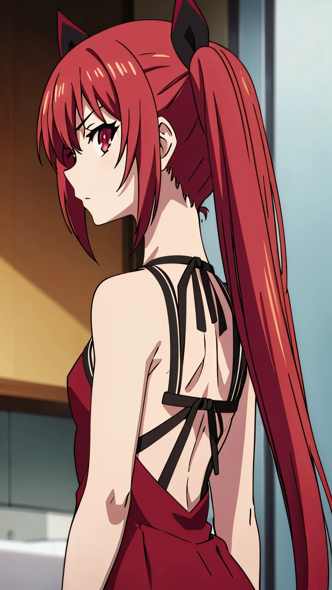 short girl, masterpiece, highres, solo, 8k, detailed, perfect face, (ultra high quality), (looking viewers), small breast, sideboob, armpit, red hair, long hair, twintail hair, red eyes, backless dress, red dress, emotionless, flat face, perfect hands, the back, bare shoulders, bare back, from behind, looking from behind, upper body