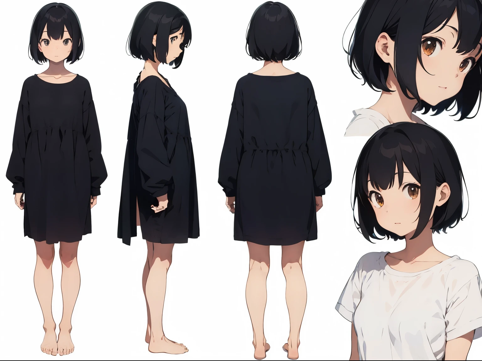 Ghibli,An illustration,Standing picture,whole body,barefoot,girl,black hair,short hair,front,back,side,white background,three views,detailed,