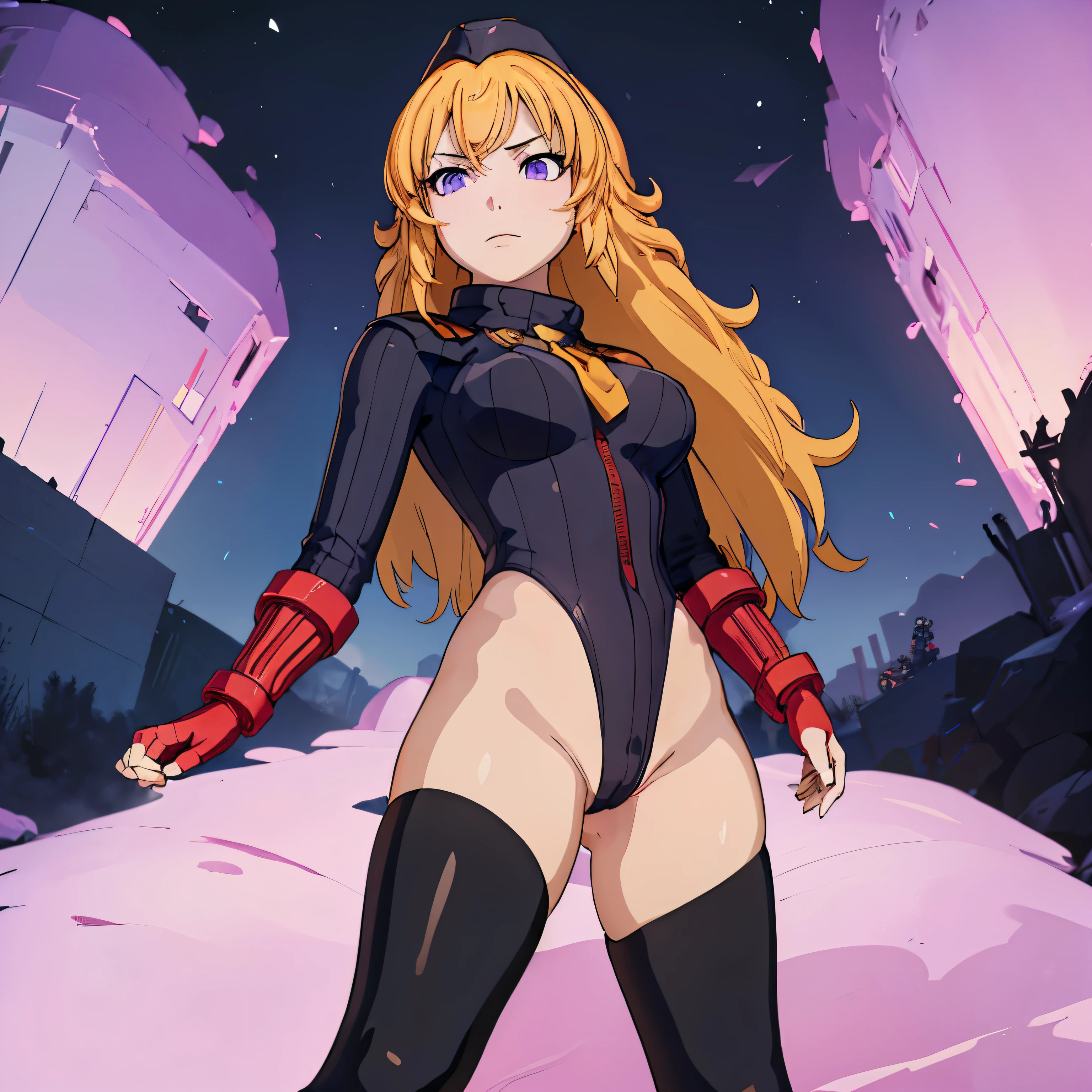 ultra-detailed, Explicit, Beautiful body, Beautiful Nose, Beautiful character design, perfect eyes, perfect face, ultra highres, 4K, beautiful legs, perfect legs, Nice hands, Perfect hand, Masterpiece, Best Quality, Highly detailed, illustration, absurdres, perfect anatomy, street fighter, doll suit, shadaloo doll, dollsuit, expressionless, blank eyes, looking at viewer, red gloves, emotionless, black latex, corruption, mind control, female combatant, full body, hypnotized, unhappy trance, full body suit, ribbed bodysuit, both arms at side, obey, perfect female body, extremely glossy latex, hypnosis, hypnoLora, empty eyes, Mind control device, poses, submissive_pose, Slave, standing straight, standing, standing at attention, hat, necktie, belt, latex, ribbed bodysuit, thigh Highs, garter belt, Fighting Stance, extending the right arm from the shoulder into the air with a straightened hand, military, thigh boots, black pantyhose, (((pixel-perfect, detail-perfect))), solo, 1girl, hair ornaments, long hair, blond hair, purple eyes, yang xiao long, huge breast, punching