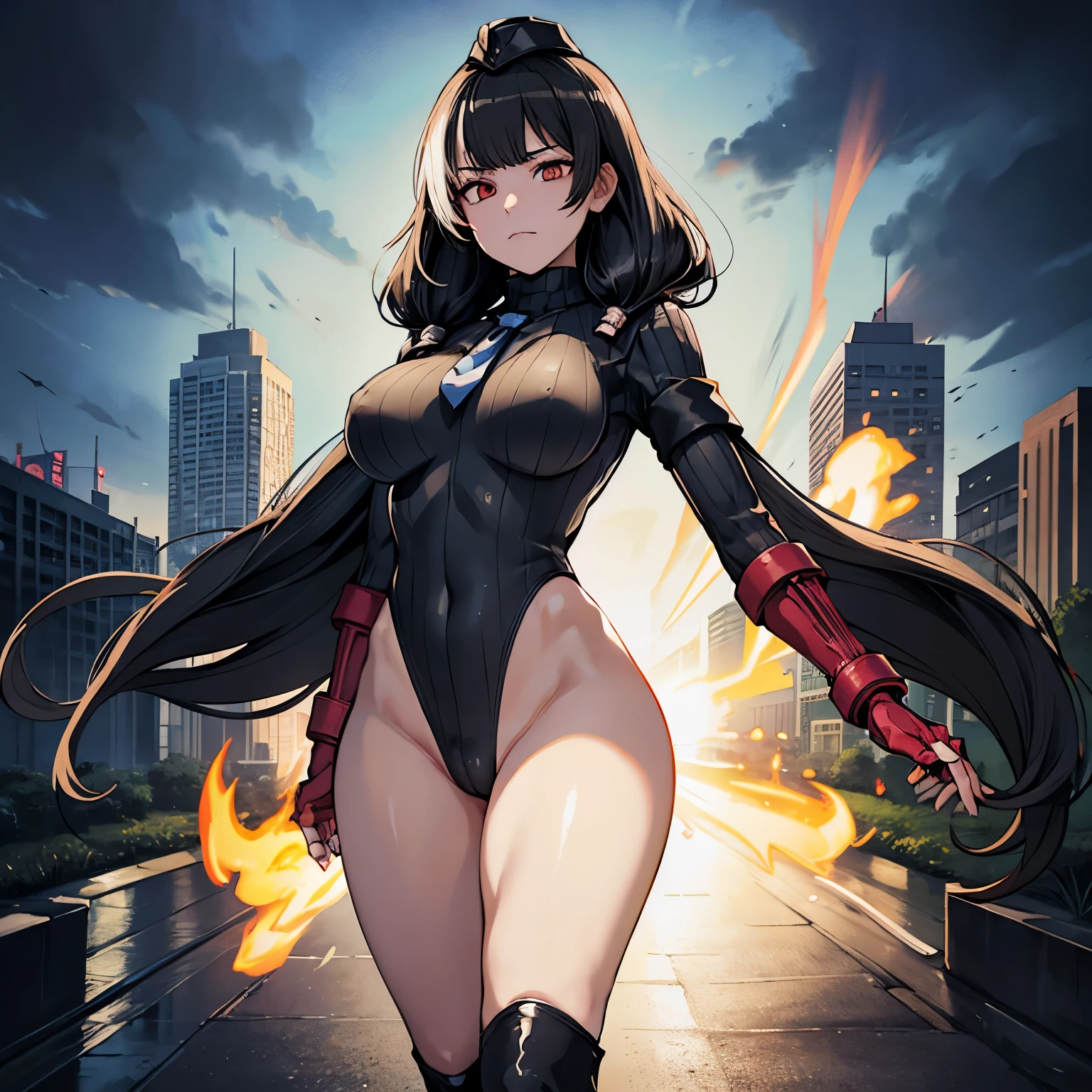 ultra-detailed, Explicit, Beautiful body, Beautiful Nose, Beautiful character design, perfect eyes, perfect face, ultra highres, 4K, beautiful legs, perfect legs, Nice hands, Perfect hand, Masterpiece, Best Quality, Highly detailed, illustration, absurdres, perfect anatomy, street fighter, doll suit, shadaloo doll, dollsuit, expressionless, blank eyes, looking at viewer, red gloves, emotionless, black latex, corruption, mind control, female combatant, full body, hypnotized, unhappy trance, full body suit, ribbed bodysuit, both arms at side, obey, perfect female body, extremely glossy latex, hypnosis, hypnoLora, empty eyes, Mind control device, poses, submissive_pose, Slave, ((all fours)), hat, necktie, belt, latex, ribbed bodysuit, thigh Highs, garter belt, Fighting Stance, extending the right arm from the shoulder into the air with a straightened hand, military, thigh boots, black pantyhose, (((pixel-perfect, detail-perfect))), solo, 1girl, hair ornaments, long hair, black hair, white hair, multicolored hair, red eyes, golden eyes, Heterochromia, ro635, jack-o pose