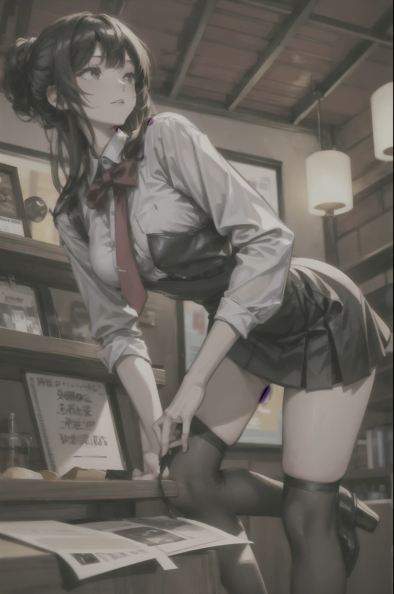 Cartoon of a woman in a black skirt bending down to pick something up, anime girl in a tight short skirt, she is wearing a black skirt, mysterious coffee shop girl