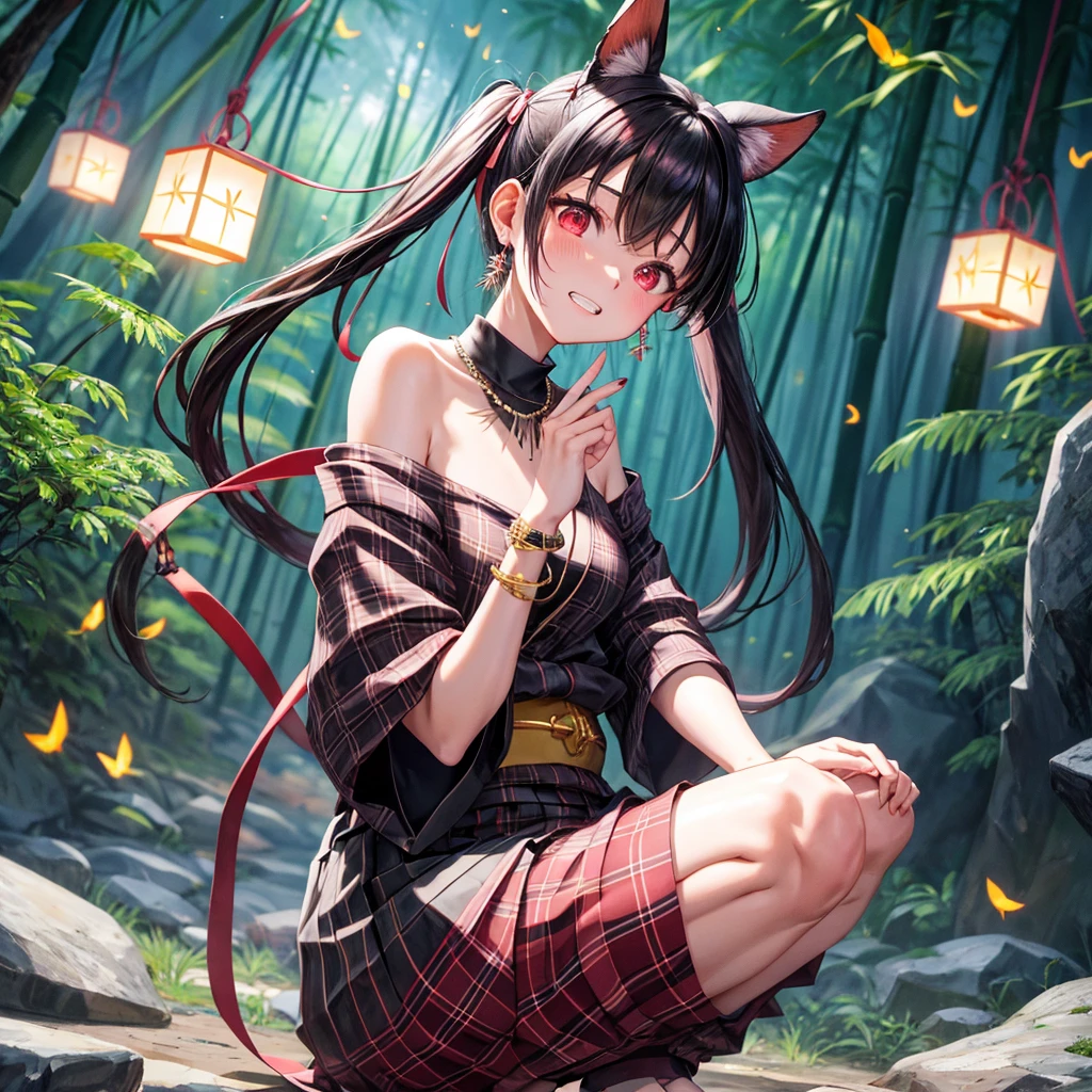 Pink-black hair、red eyes、two good looking girls、solo、anime、plaid mini skirt、black camisole、black t-shirt、kimono、wearing a ribbon、ribbon at waist、stone slabs are piled up、crystal earrings、jewelry necklace、Light and shadow、clock、petal、tilting one&#39;s face、teeth are visible、fire spirit、Cube、bamboo forest、squatting down、moonlight、Fireflies are flying、back to back