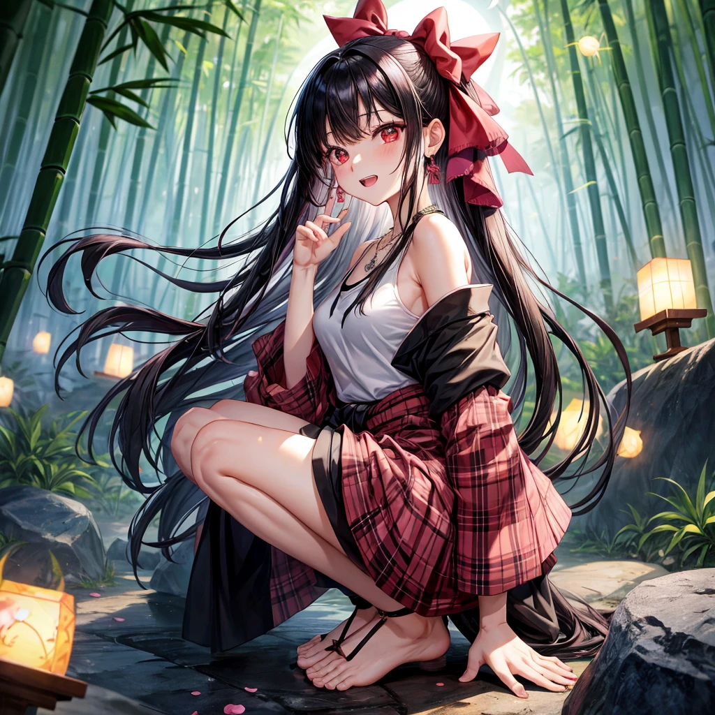 Pink-black hair、red eyes、two good looking girls、solo、anime、plaid mini skirt、black camisole、black t-shirt、kimono、wearing a ribbon、ribbon at waist、stone slabs are piled up、crystal earrings、jewelry necklace、Light and shadow、clock、petal、tilting one&#39;s face、teeth are visible、fire spirit、Cube、bamboo forest、squatting down、moonlight、Fireflies are flying、back to back