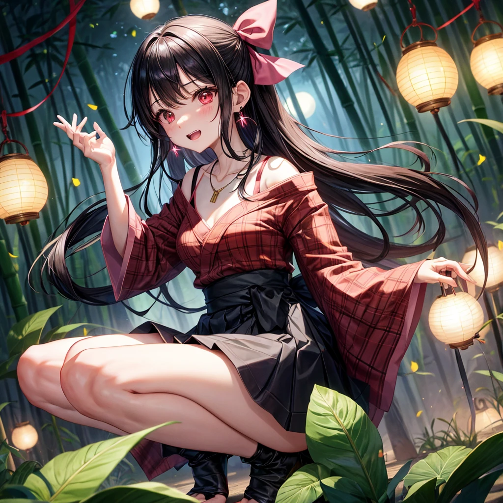 Pink-black hair、red eyes、two good looking girls、solo、anime、plaid mini skirt、black camisole、black t-shirt、kimono、wearing a ribbon、ribbon at waist、stone slabs are piled up、crystal earrings、jewelry necklace、Light and shadow、clock、petal、tilting one&#39;s face、teeth are visible、fire spirit、Cube、bamboo forest、squatting down、moonlight、Fireflies are flying、back to back