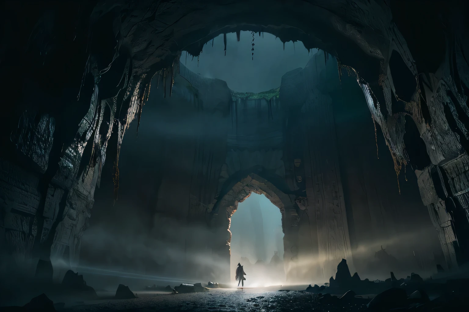 A detailed matte painting of a majestic, ancient cave entrance engulfed in swirling black mist, reminiscent of a fantasy medieval setting, with intricate stone carvings, ominous shadows, and hints of glowing runes on the walls, perfectly balanced composition, high resolution, cinematic lighting --s 150 --ar 1:1 --c 5 --v 5.2
