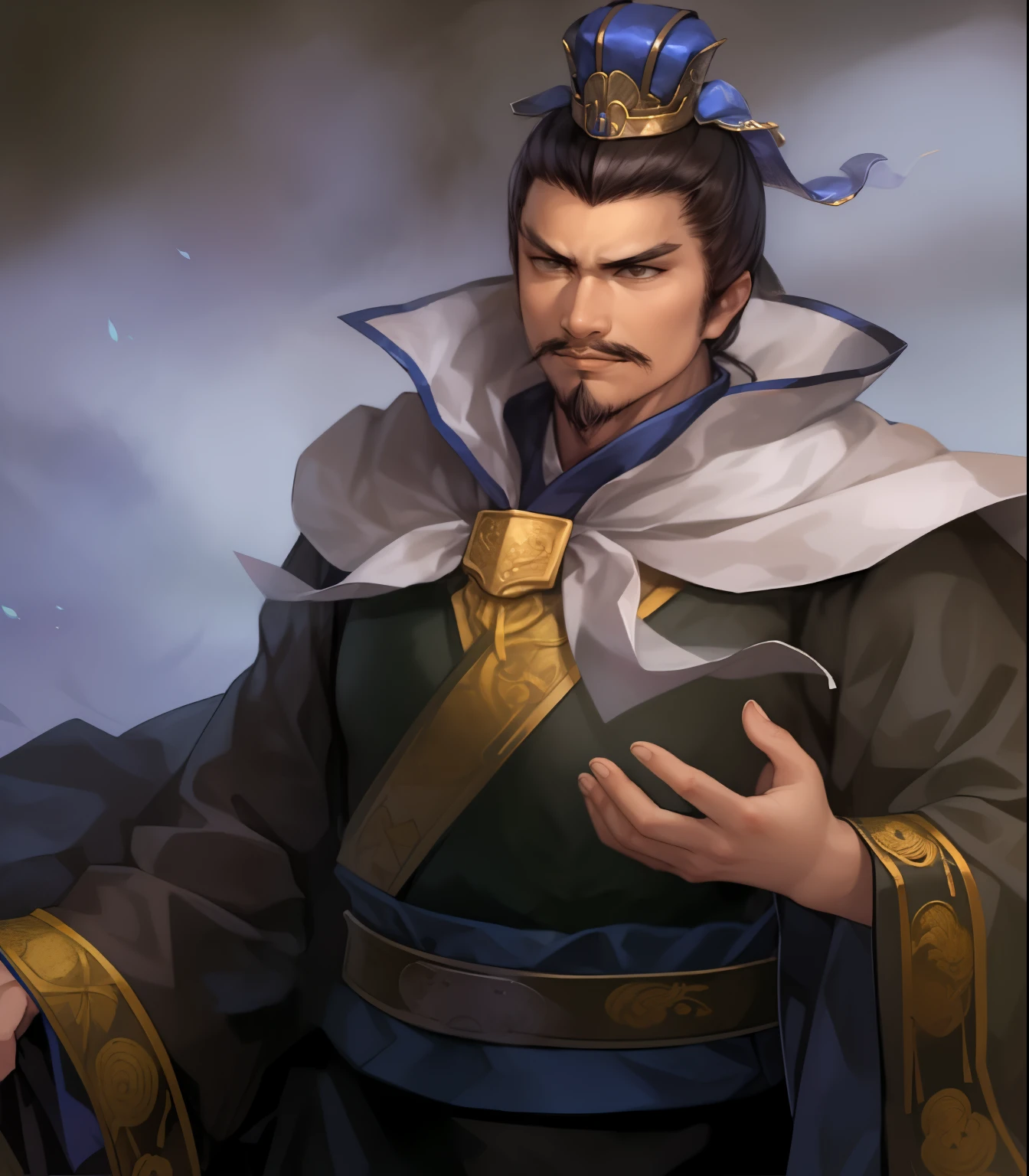 one in costume、Close-up of man wearing crown on head, Inspired by Cao Zhibai, inspired by Wu Daozi, zhao yun, Inspired by Wu Bin, heise jinyao, Inspired by Zhao Yuan, inspired by Guan Daosheng, Inspired by Fan Kuan, Inspired by Huang Shen, inspired by Wu Zuoren