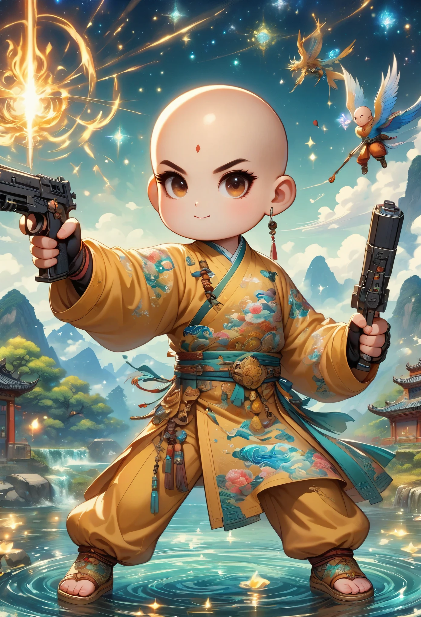 ((imagine)),((whole body)),(bald:1.5),((Aang)),《Avatar the last airbender anime》, ((standing_split)),Wearing luxurious, intricate, luxurious and noble clothing,Robot arms and legs,Standing by the lake,straw sandals ,Holding a gun with one hand,Aim at you,anatomically correct, ccurate,in the style of futuristic,cyberpunk,high detail
