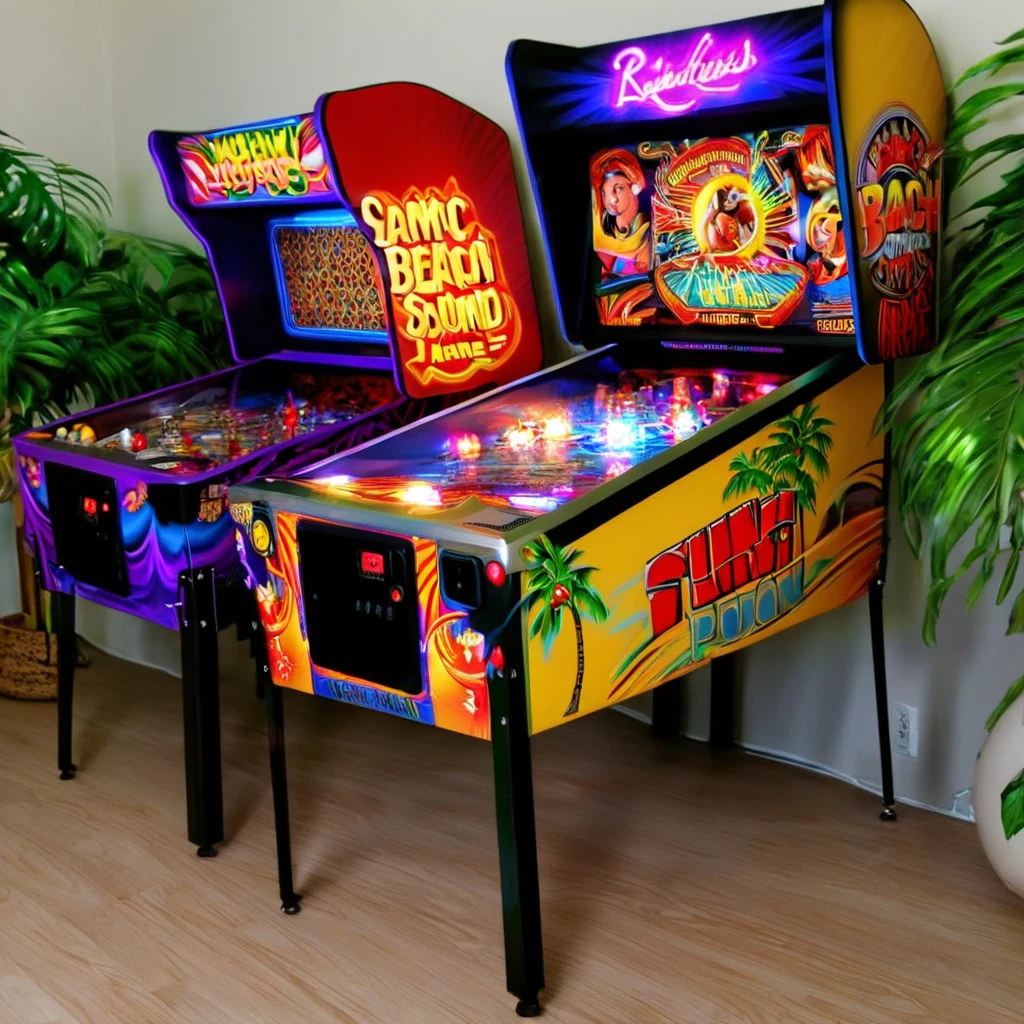 (best quality,4k,8k,highres,masterpiece:1.2),ultra-detailed,(realistic,photorealistic,photo-realistic:1.37),retro arcade game,pinball machine,game play Beach Pinball,classic machines,old-school gaming experience,neon lights,flashing colors,nostalgic atmosphere,vintage-style illustrations,arcade cabinets,joysticks,coin slots,high score screen,multicolored buttons,pinball flippers,silver ball bouncing,shiny chrome trim,pop bumpers,themed artwork and backdrops,beach theme,surfboards,tropical palm trees,beach balls,hula dancers,waves crashing,animated characters,dynamic ball physics,loud mechanical sounds,chaotic yet exciting game room,competitive multiplayer matches,high-energy music,excitement and anticipation,pinball enthusiasts,fun-filled gaming experience.